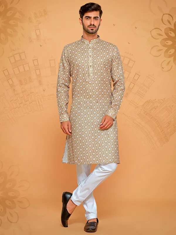 Khaki colour ethnic style printed kurta suit for men