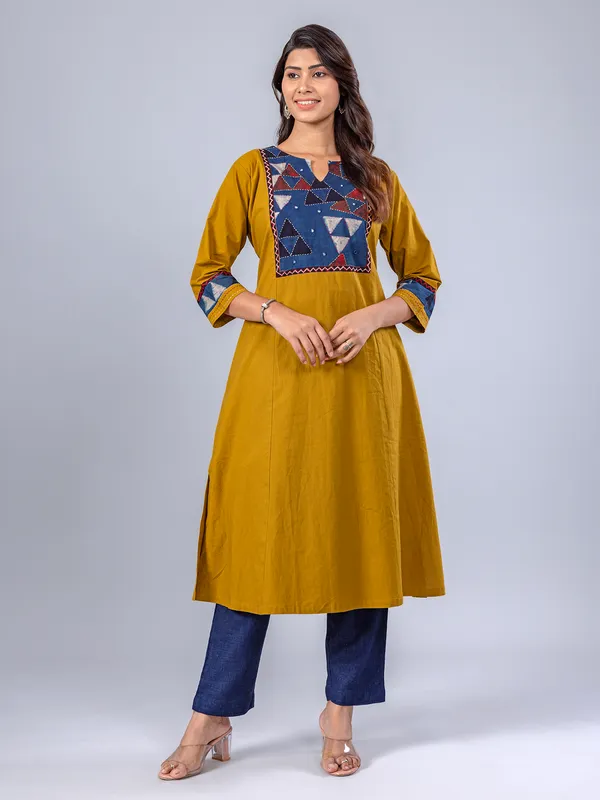 Khaki printed cotton kurti