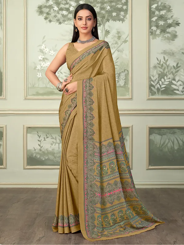 Khaki printed crepe saree