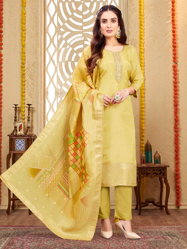 Khaki satin festive salwar suit