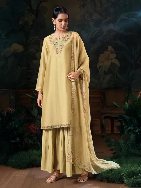 Khaki silk embroidery palazzo suit with dupatta