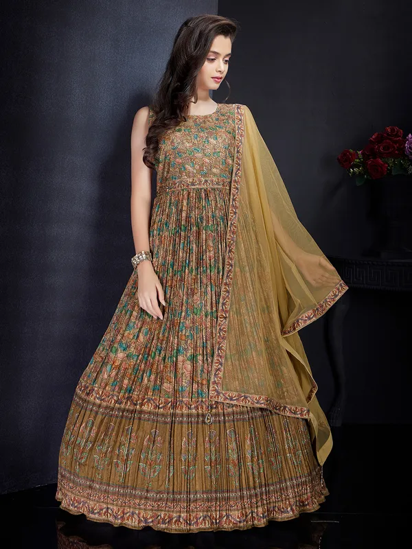 Khaki Silk printed anarkali suit