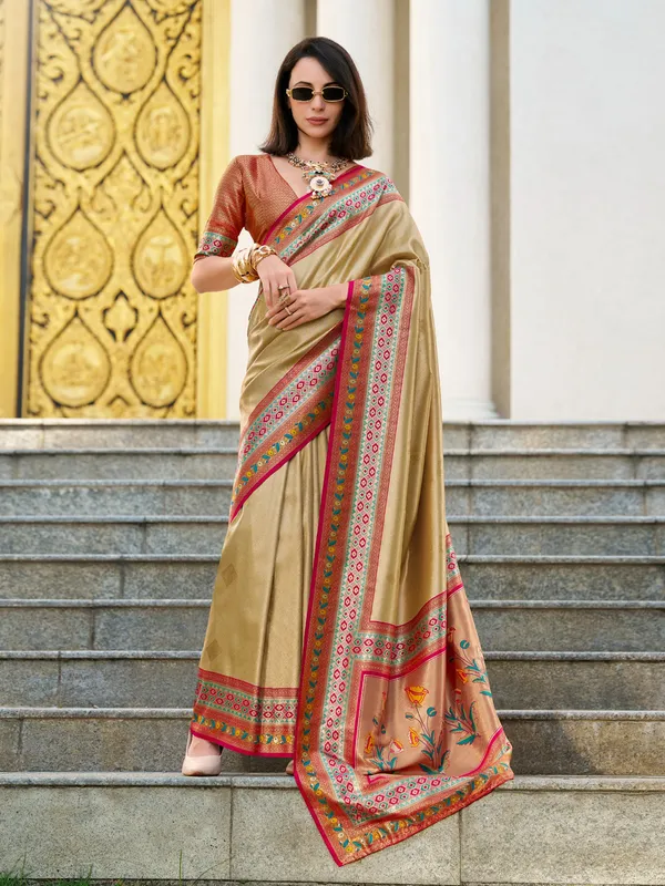 Khaki zari weaving tissue silk saree