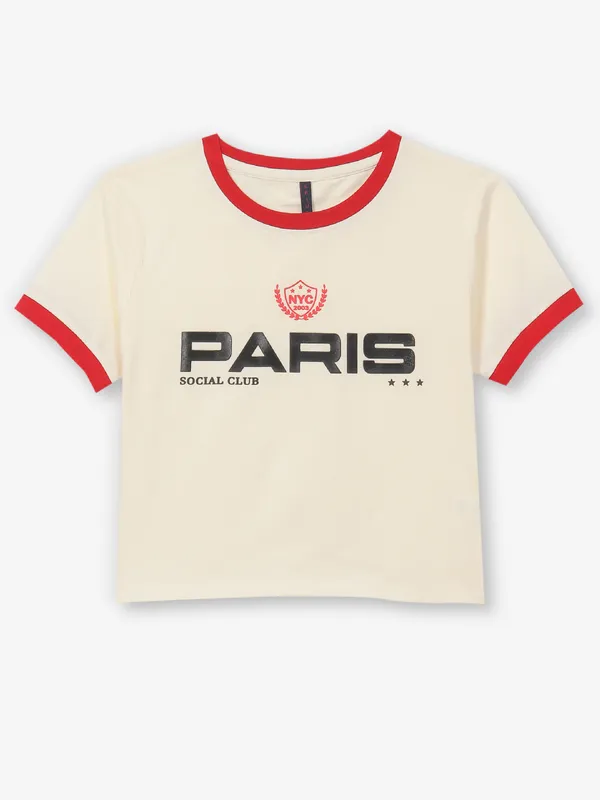 KRAUS cream printed cotton crop t-shirt