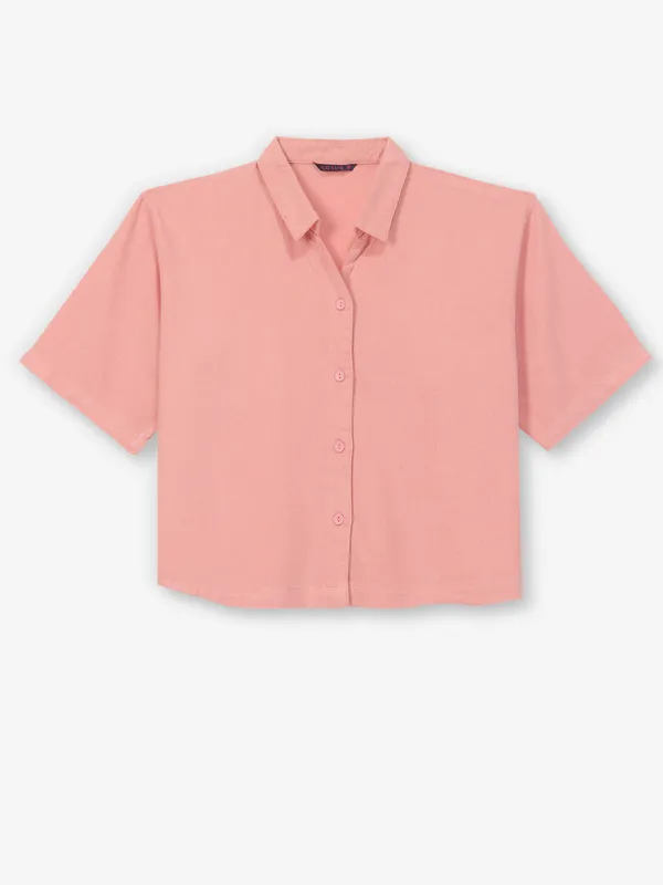 KRAUS peach plain cotton crop shirt