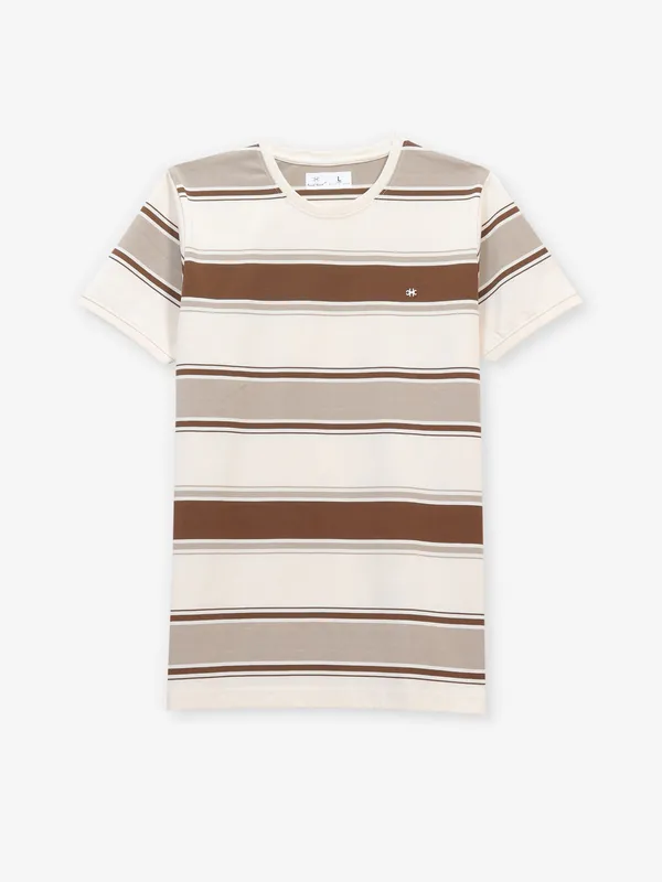 KUCH KUCH cream and brown slim fit cotton t-shirt with stripe