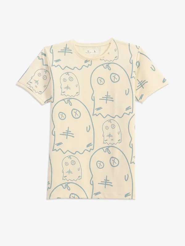 KUCHKUCH cream cotton printed t-shirt