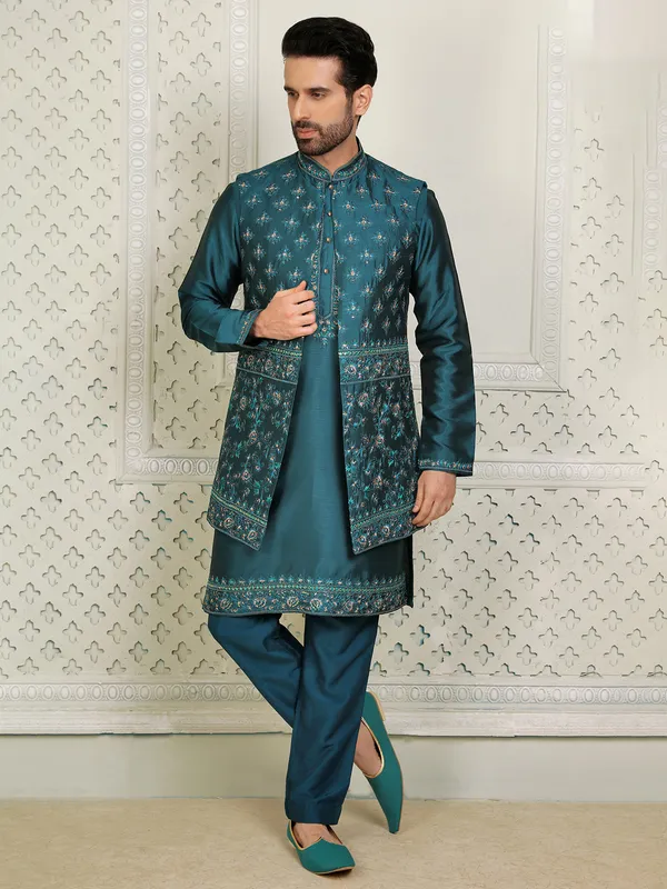 Latast rama green silk indowestern for wedding