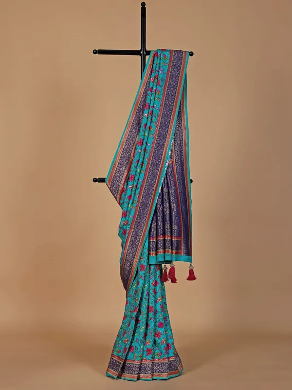 Latest aqua thread weaving silk saree