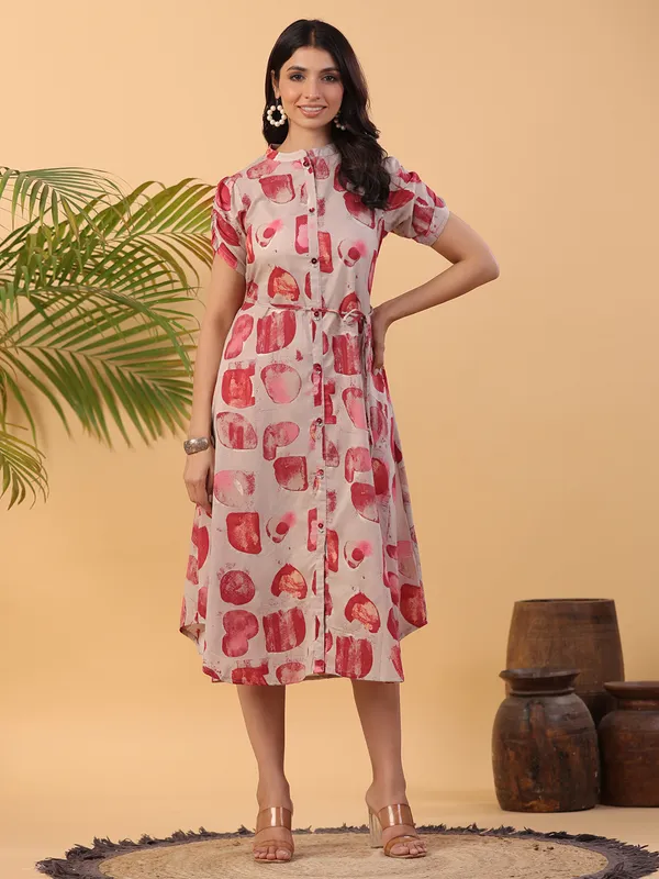 Latest beige and red printed cotton kurti
