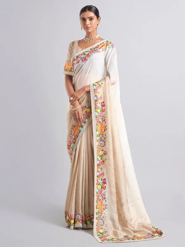 Latest beige chiffon saree for festive