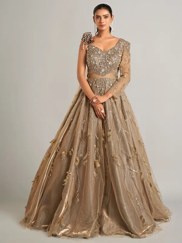 Latest beige net designer gown