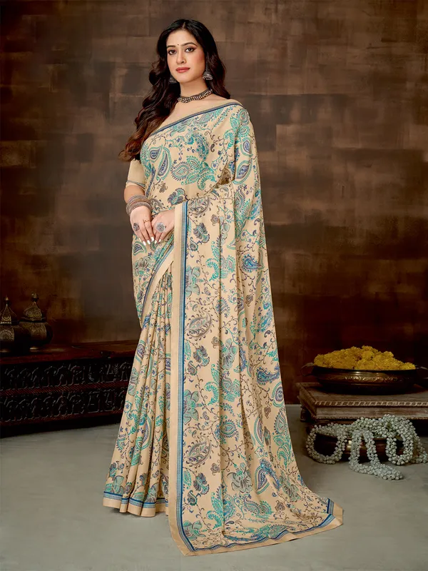 Latest beige printed saree