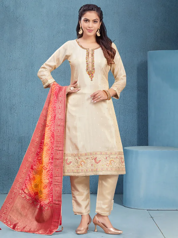 Latest beige silk salwar suit for festive