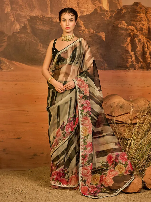 Latest black organza printed saree