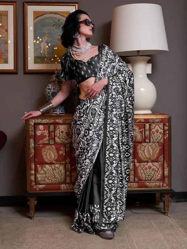 Latest black patola printed crepe saree