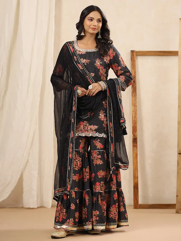 Latest black silk printed sharara set