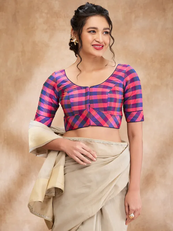 Latest blue and multi color checks silk blouse