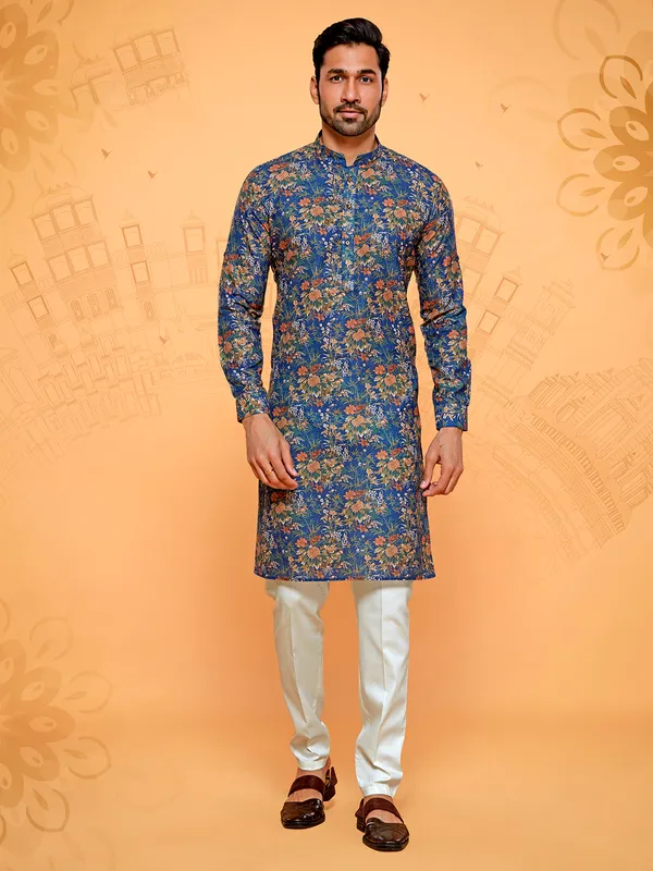 Latest blue floral printed kurta suit for men