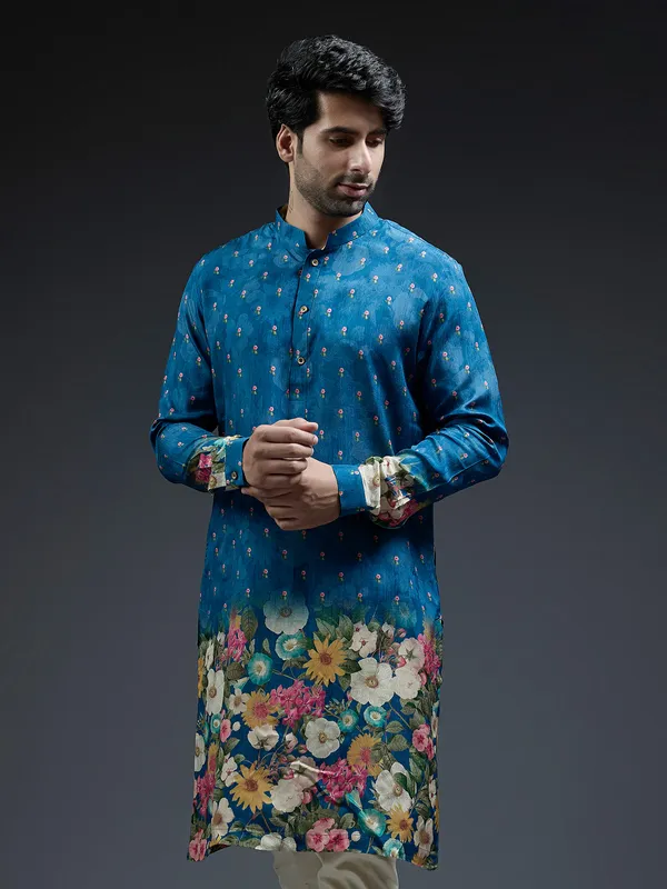 Latest blue flower floral printed kurta suit in silk