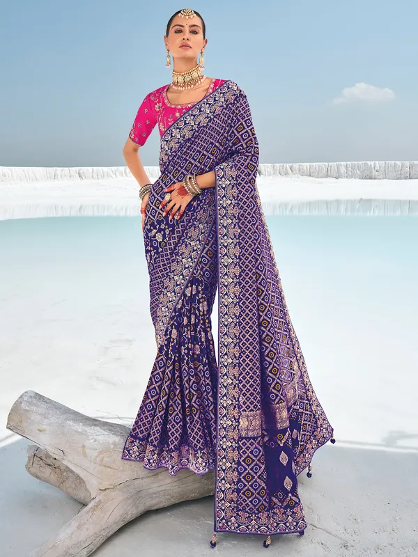 Latest blue printed bandhej saree for wedding