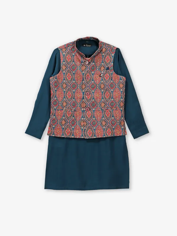 Latest blue printed cotton silk waistcoat set