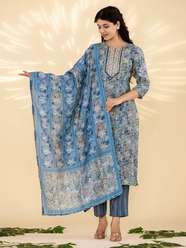 Latest blue printed kurti set