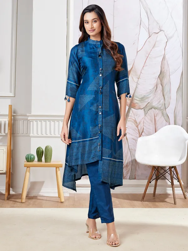 Latest blue russian silk printed kurti set