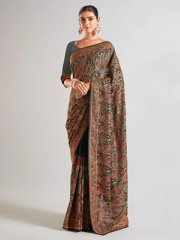 Latest bottle green georgette saree