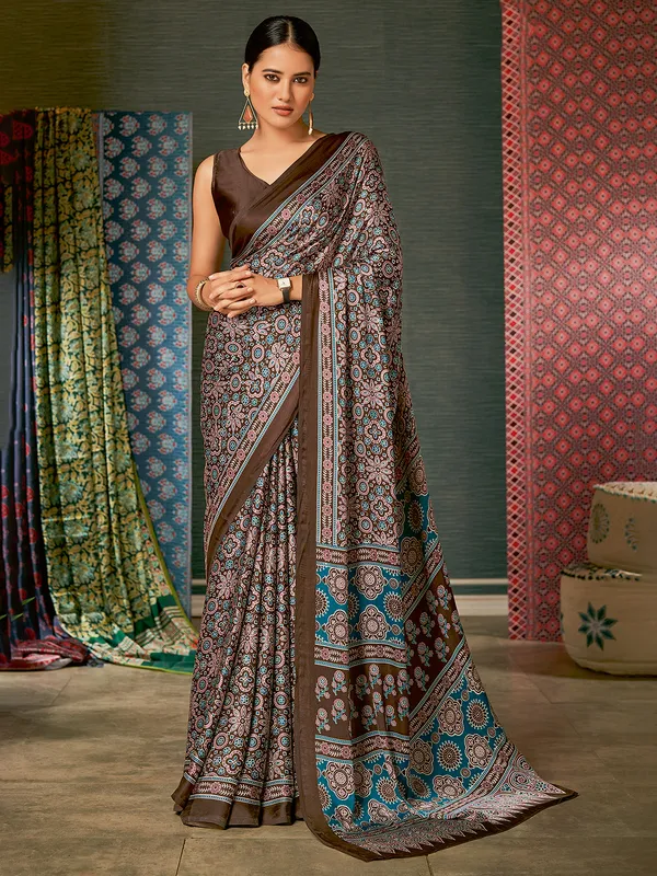 Latest brown printed crepe saree