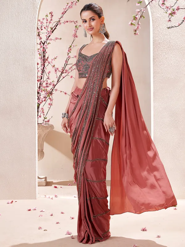 Latest brown satin ready to wear saree