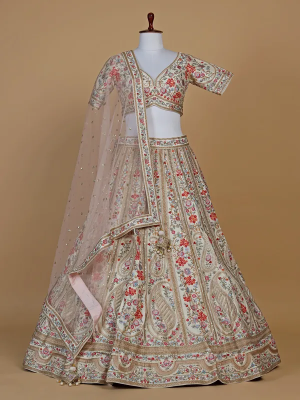 Latest cream embroidery lehenga choli