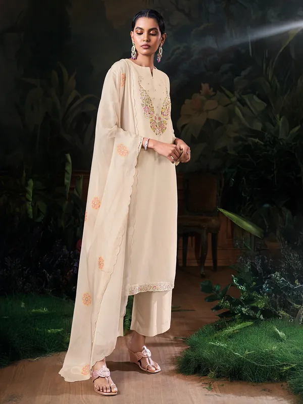 Latest cream embroidery silk palazzo suit