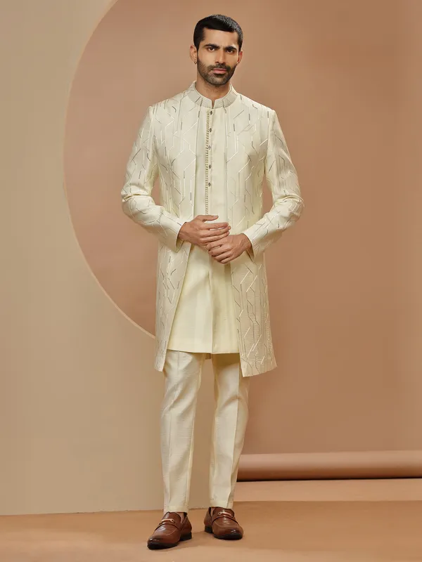 Latest cream indowestern in silk