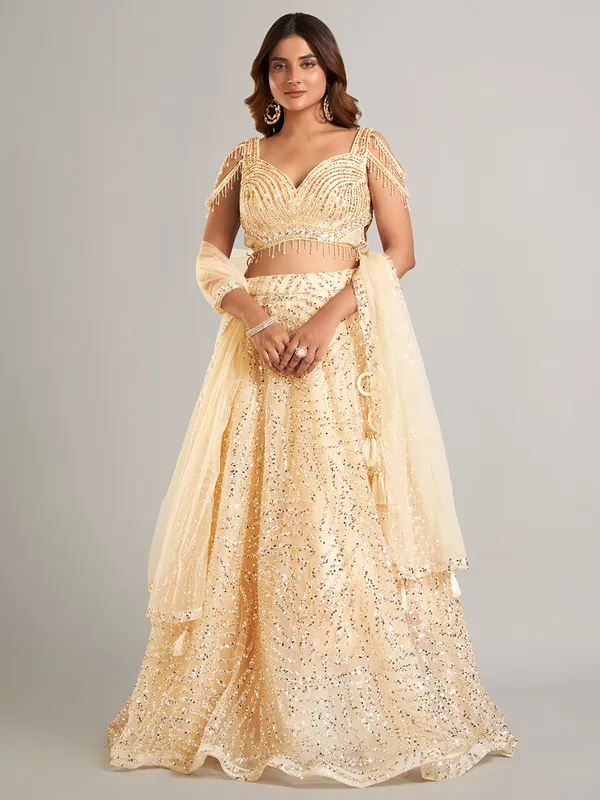 Latest cream net lehenga choli for wedding