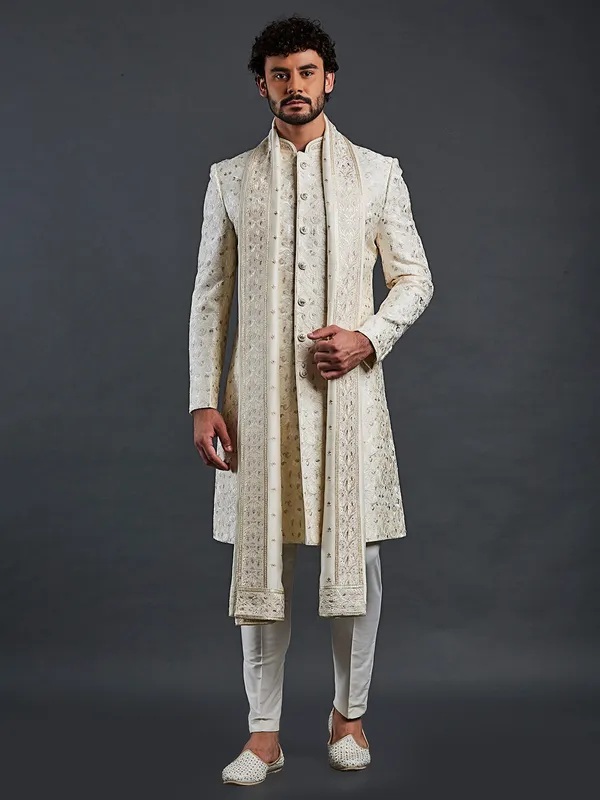 Latest cream raw silk sherwani for men