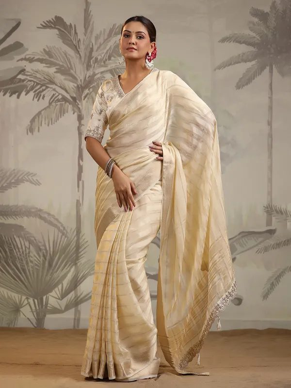 Latest cream soft organza saree