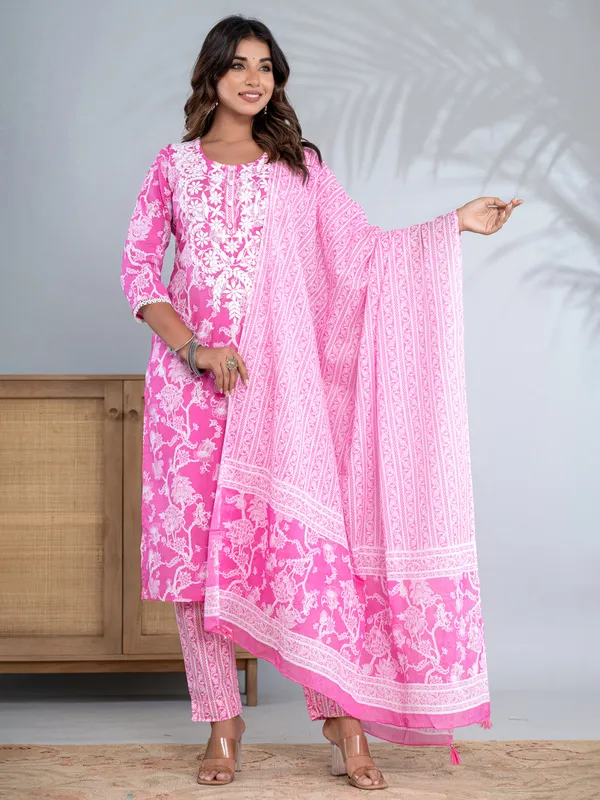 Latest dark pink printed cotton kurti set