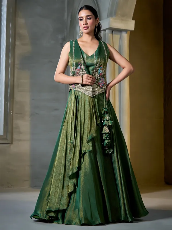 Latest green zari weaving silk lehenga choli