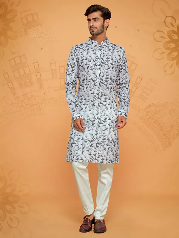Latest grey cotton printed kurta suit for men