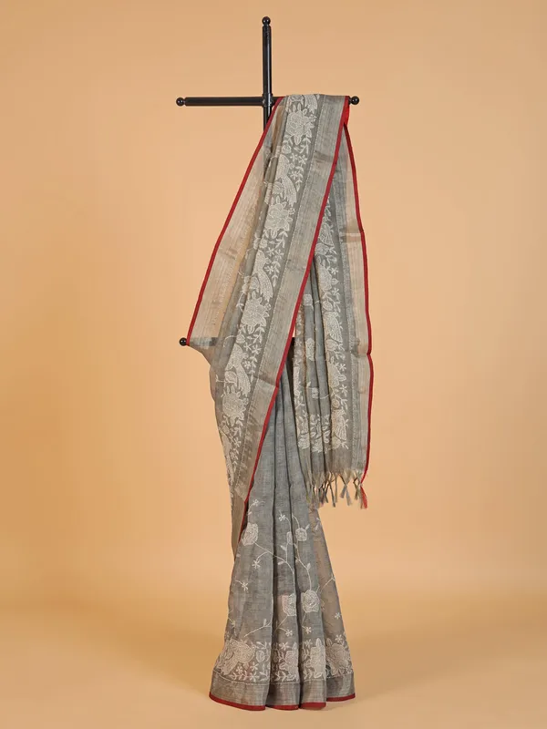 Latest grey linen printed saree