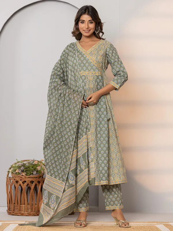 Latest grey printed cotton kurti set