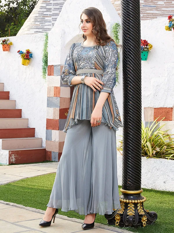 Latest grey printed georgette palazzo suit