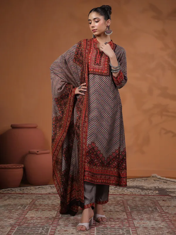 Latest grey silk printed kurti set