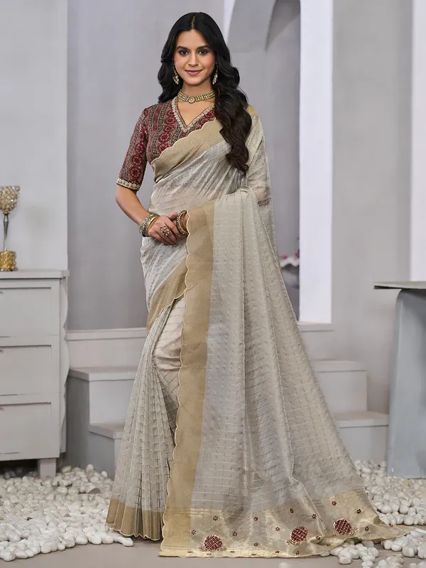 Latest grey zari weaving silk saree for women