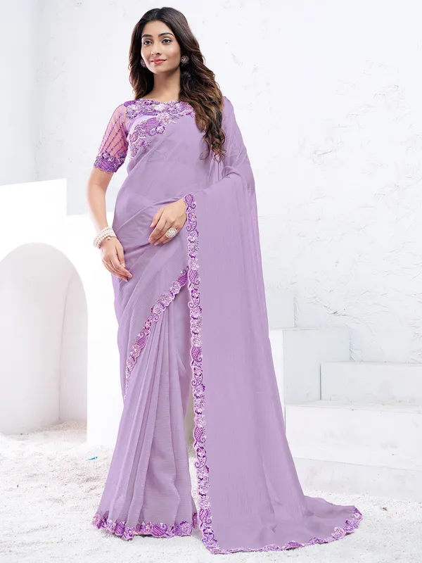 Latest lavender crepe saree for festive