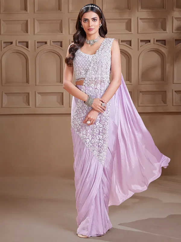 Latest lavender satin designer saree