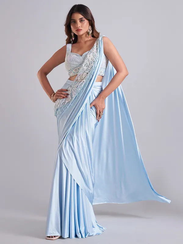 Latest light blue satin designer saree