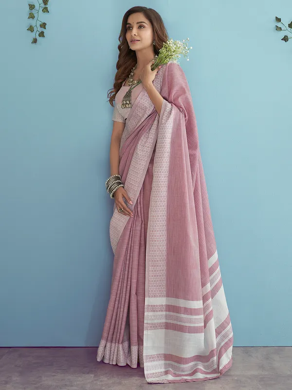 Latest light pink linen saree