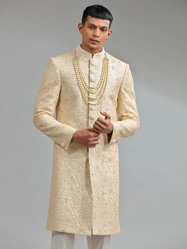 Latest light yellow silk sherwani